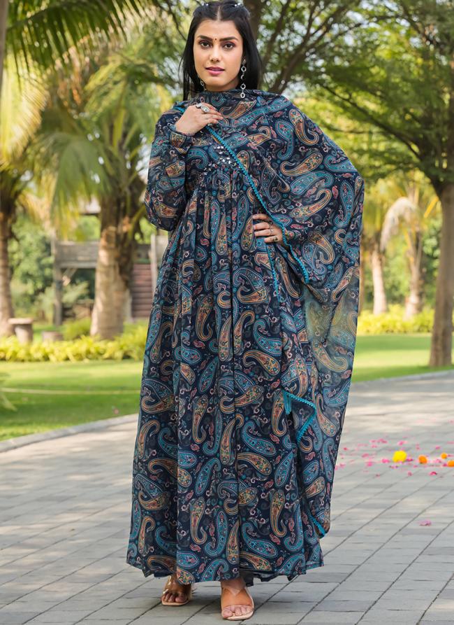 Georgette Blue Festival Wear Printed Gown With Dupatta